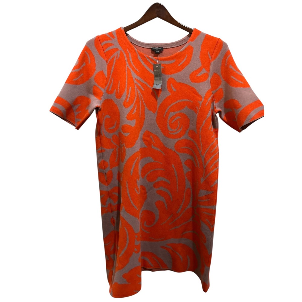 Ann Taylor Orange Floral Knit Shift Dress Short Sleeve Crew Neck Women's‎ M
